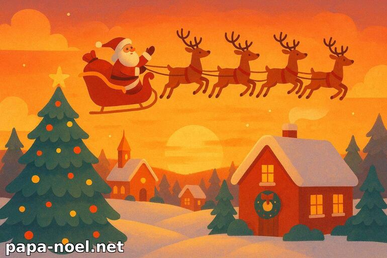 Dessin du Père Noël en traîneau volant