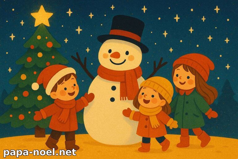 Dessins d'enfants autour d'un bonhomme de neige