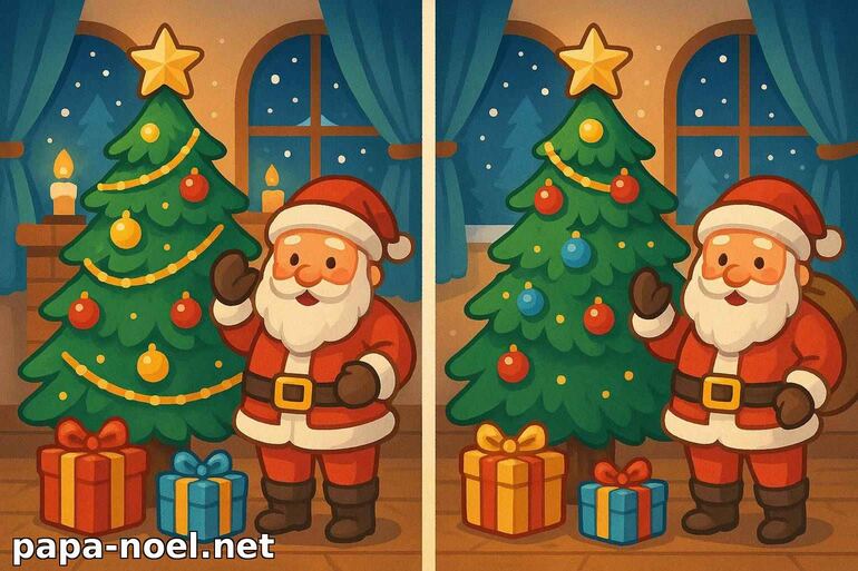 Jeu des différences avec le Père Noël et sapin de Noël
