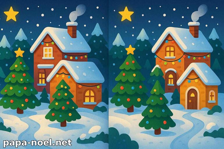Jeu des différences de Noël : deux maisons sous la neige