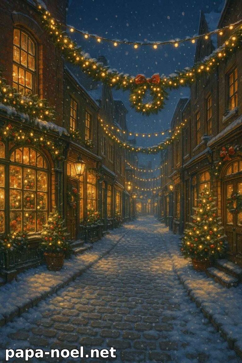 Rue de Noël illuminée et enneigée