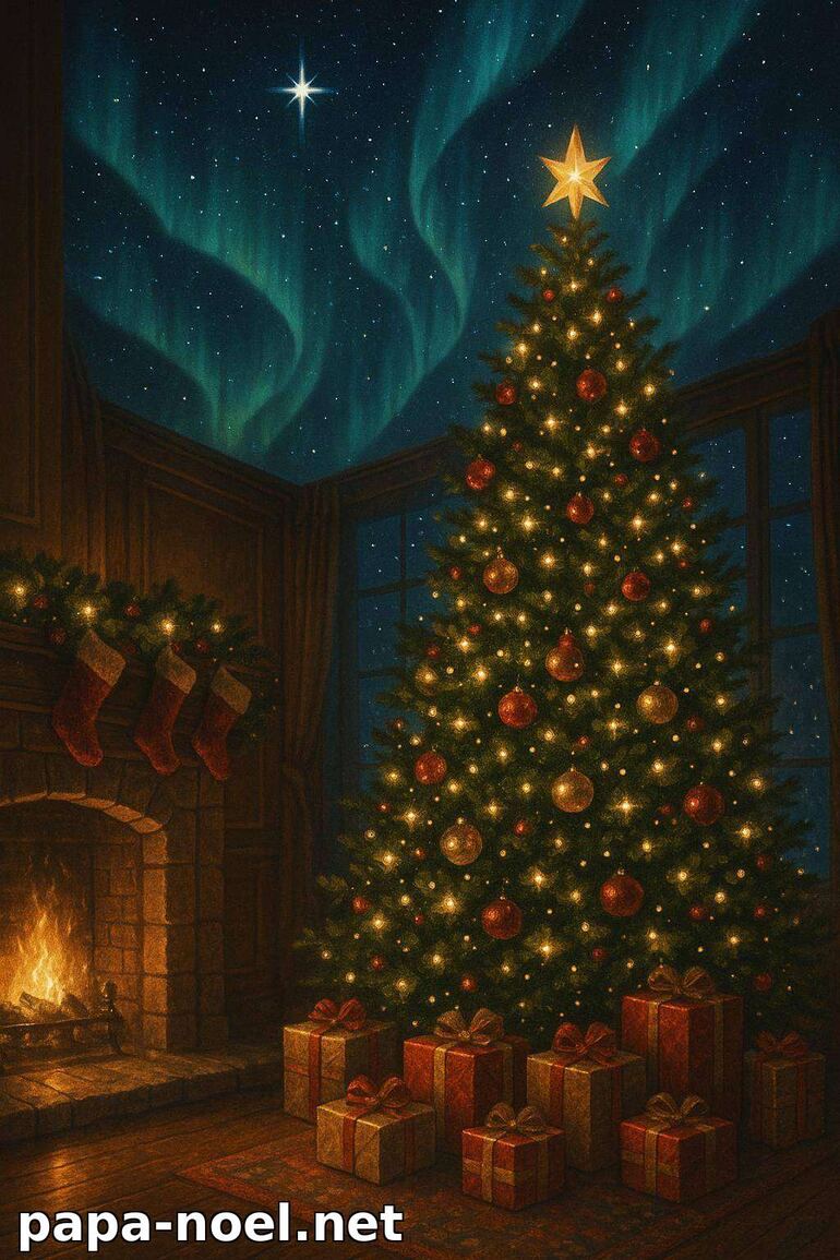 Sapin de Noël décoré avec cadeaux et cheminée
