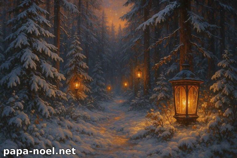 Chemin magique en forêt enneigée éclairé par des lanternes