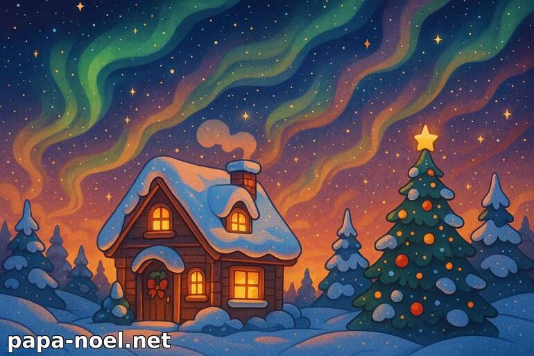 Dessin de maison de Noël sous les aurores boréales