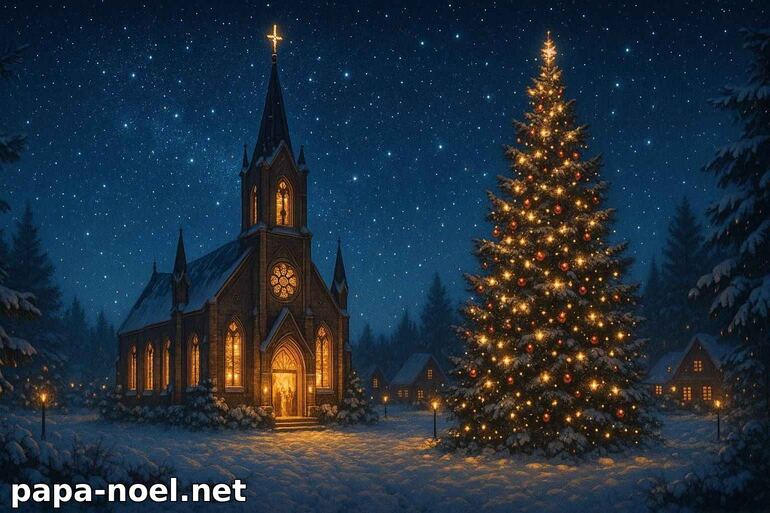 Église illuminée et sapin de Noël sous la neige