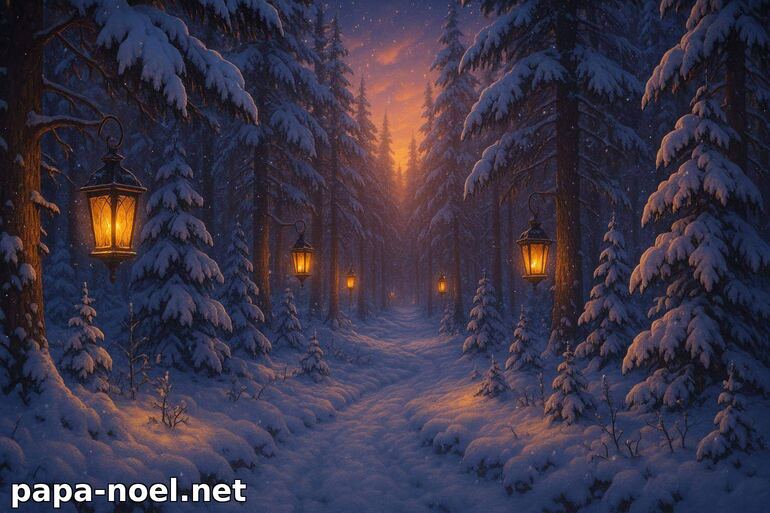 Forêt enneigée féerique illuminée par des lanternes