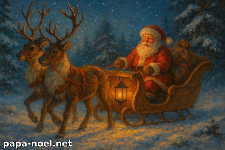 Illustration du Père Noël en traîneau avec des rennes