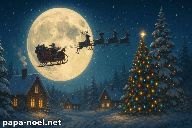 Illustration du Père Noël en traîneau sous la lune