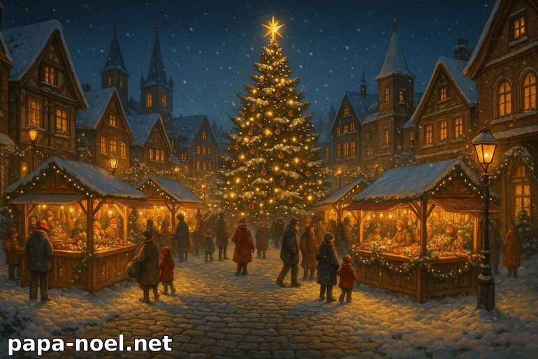 Marché de Noël traditionnel sous la neige