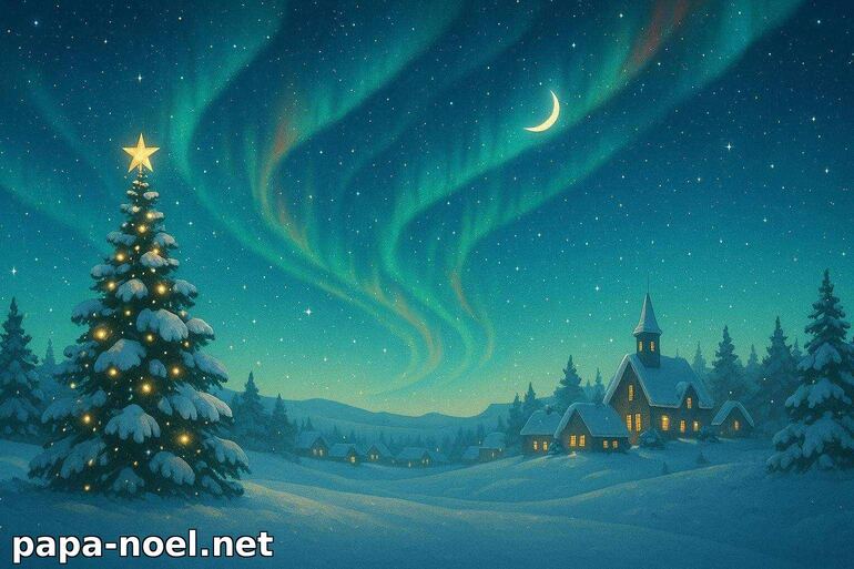 Paysage de Noël sous les aurores boréales