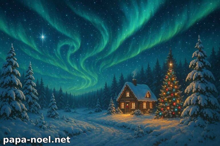 Paysage de Noël sous les aurores boréales