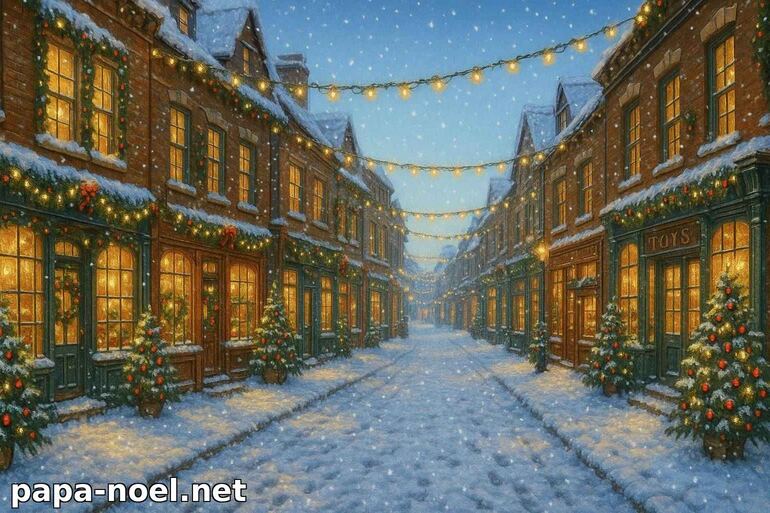 Rue de Noël enneigée et illuminée