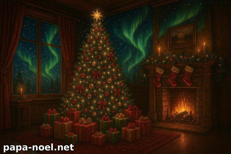 Salon de Noël féérique avec sapin et cheminée