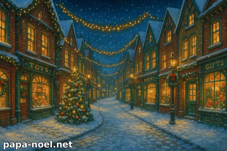 Scène de rue de Noël illuminée et enneigée