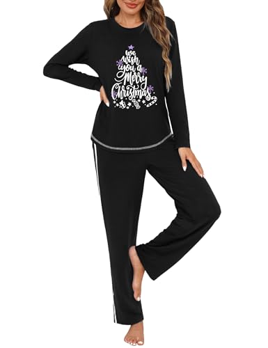 Terecey Pyjama Noël Femme Long Col Rond Ensemble 2 Pièces Ha