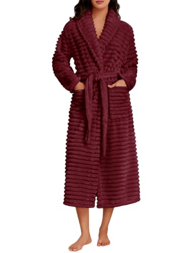Wiepux Peignoir Femme Long Polaire Doux Chaud Robe de Chambre(Rouge Vin,L)