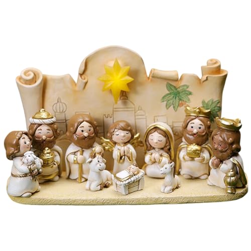 CNAFGBGG Ensembles de crèche de Noël avec Figurines LED Scèn