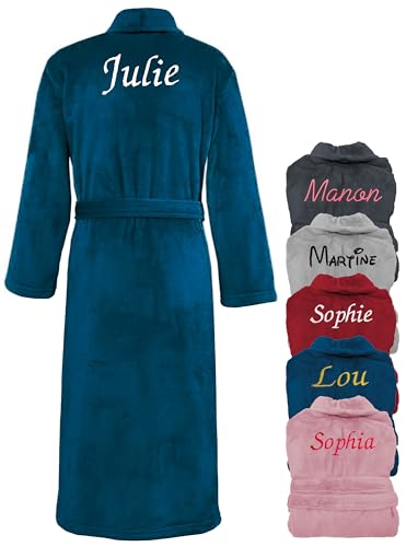 KDO MAGIC Peignoir femme personnalisé - Robe de chambre personnalisable - Prénom brodé - Cadeau maman Noël, Saint-Valentin, anniversaire, fête des mères (XL, Bleu)