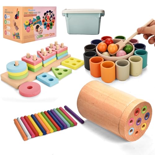 Majabike Jouet en Bois Montessori 3 en 1 à Empiler et de Tri 1 2 3 Ans Jouet en Bois Éducatif avec Activités de Tri Sensoriel Apprendre à Reconnaître Les Couleurs et à Compter Cadeau pour