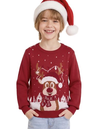 Aottori Pull Noël Garçon Renne Jacquard Tricot Enfant Rouge 