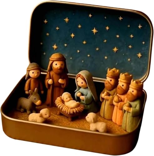 Mini crèche de Noël dans une boîte en métal - Figurines de c