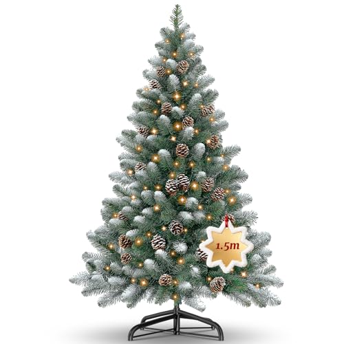 Ferzone Sapin de Noël Artificiel 150cm Vert Enneigé 180 Lamp