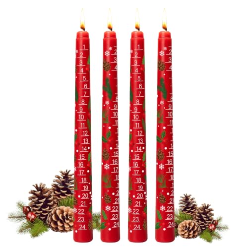 Lot de 4 bougies de Noël, calendrier 24 Noël, pin et feuille