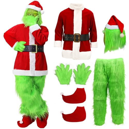 Masque Complet Monstre Grinch De Noël En Latex Avec Bonnet Et Gants - Accessoire Déguisement Halloween