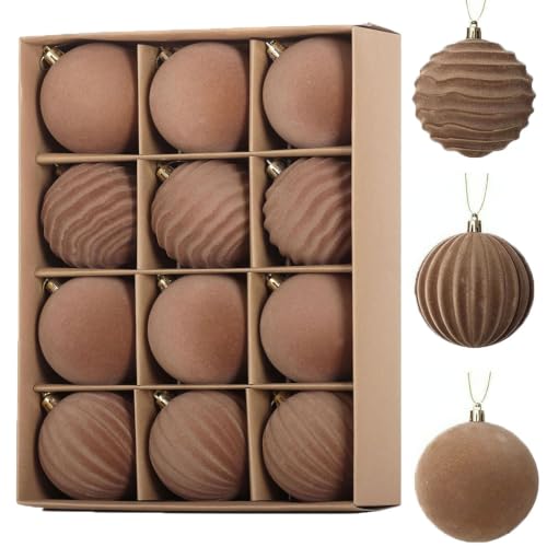 12 Pcs Boule de Noël en Brun Velours,8cm Arbre de Noël Suspe