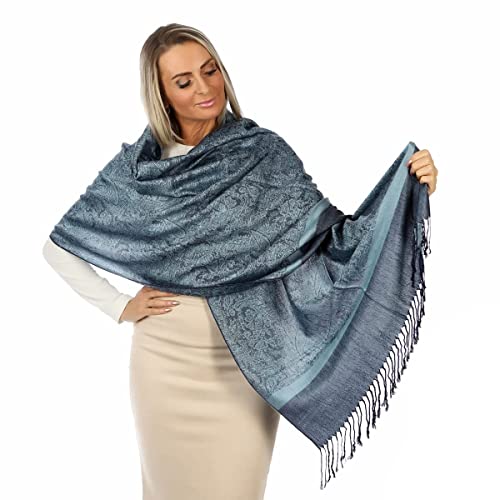 Châle Pashmina pour femme - Doux comme le cachemire, léger et élégant - Étole & foulard - Idéal avec une robe de soirée - Écharpe femme - Motif paisley - Avec franges, parfait pour les mariages (Blue)