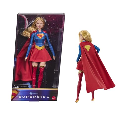 Barbie Signature Poupée DC Supergirl, Blonde avec Costume de Super-héroïne et Cape, poupée de Collection dans Un Emballage à Exposer avec Support, JJY04