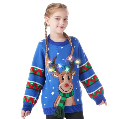 Pull Noël Enfant LED Renne Bleu