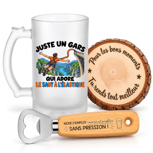 Planetee Coffret Chope de Bière Un Gars qui Adore le Saut à l'Élastique | Verre Givré 470 ml, Décapsuleur Gravé, Sous-Verre Bois | 3 Pièces | Cadeau Homme Passionné Humour Original Anniversaire