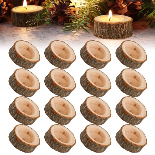ZEFAN Lot de 16 photophores en bois ronds naturels pour déco