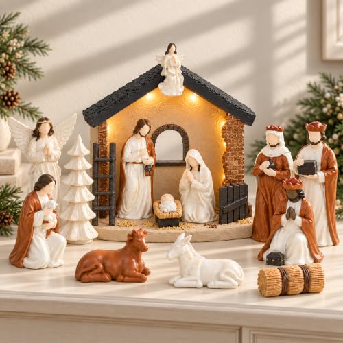 Lot de 14 figurines de crèche de Noël avec éclairage, blanc/