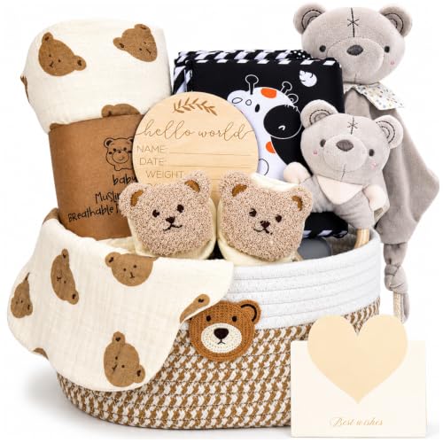 Topsky Cadeau pour nouveau-né, coffret cadeau pour bébé garçon et fille, livre sensoriel, couverture pour bébé, chaussettes à langer, hochet, bavoir, cartes de jalons, cadeau de naissance pour bébé