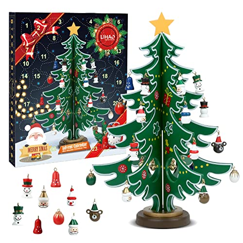 LIHAO Calendrier de lAvent 2025, Mini Sapin de Noël en Bois
