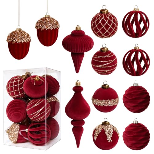 12 pcs Boule de Noel Velour 8cm, Boule Noel Bordeaux, Decora