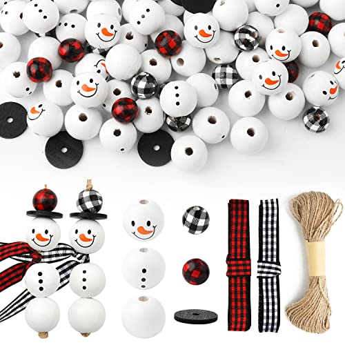 SAVITA 150pcs Perles Noel, Perles Blanches en Bois Ruban Gri