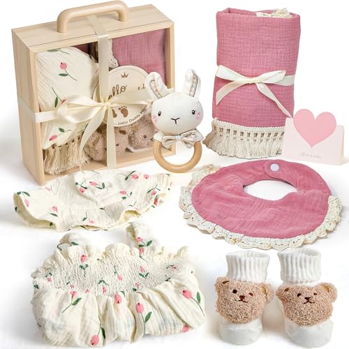 TUZT Coffret Cadeaux de Naissance Fille, Cadeau pour Bebe Fille avec Grenouillere Bebe Chaussettes Couverture Lapin Hochet Carte Etape Boîte en Bois Cadeau Baby Shower pour Nouveau Né