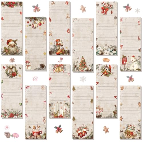 Eaasty Lot de 12 blocs-notes magnétiques de Noël pour réfrigérateur, liste d'épicerie magnétique vintage, classique, 22,9 x 8,9 cm, 30 feuilles par bloc, liste de choses à faire pour Noël, cuisine