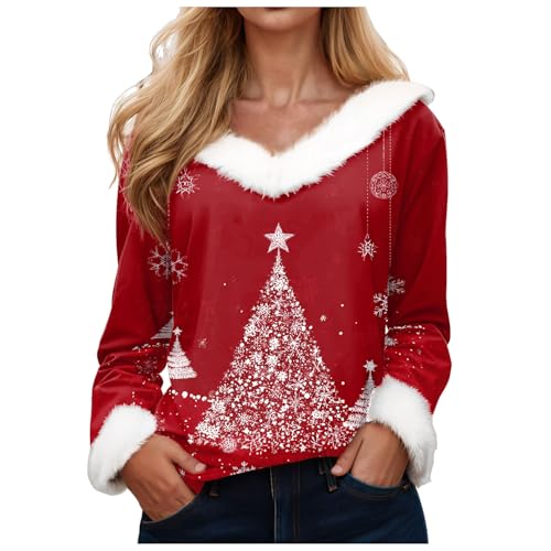 Pull De Noël Femme Col V Et Fausse Fourrure - Motifs Discrets, Manches Longues - Pour Sorties Hivernales, Fêtes