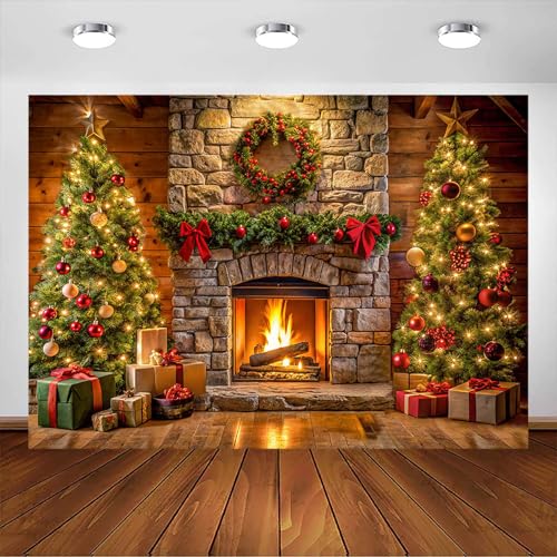 Avezano - Toile de fond pour cheminée de Noël avec sapin de Noël, cadeaux de Noël, décorations de fête de Noël, accessoires photo de Noël, arrière-plan pour photo d