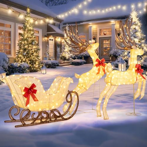 GOPLUS Renne Traîneau Noel 280 LED Déco Noël Extérieur Lumin