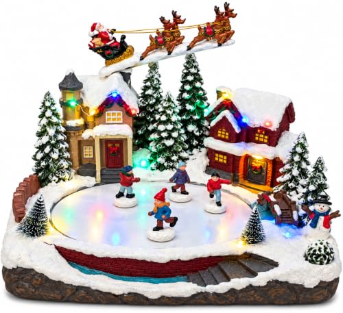 WEB2O Village de Noël Miniature Animé avec Patinoire Rotativ