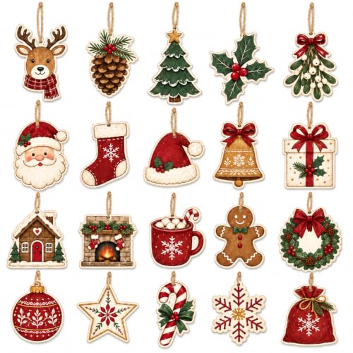 Decoration Sapin Noel, 20 Ornements Bois avec Ficelle, Deco 