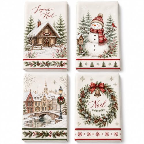 Lot de 4 Torchons de Noël, Torchon 40x60 cm, Deco Noel Inter