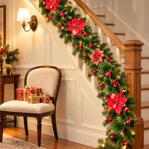 Couronne de Noël 2,7 m, prête à Poser, Fleurs, Boules et nœu
