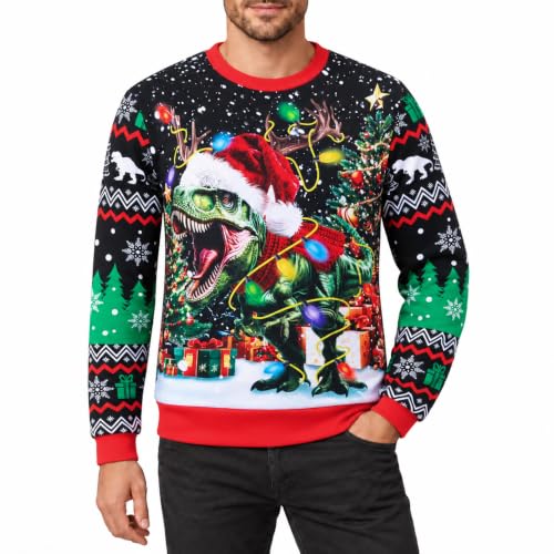 RAISEVERN Pull de Noël Unisexe Dinosaure Imprimé 3D Moche, L