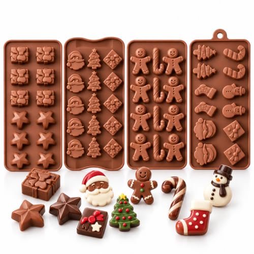 Lot de 4 moules à chocolat de Noël en silicone pour chocolat de Noël, muffins, bonbons, cupcakes, fondant